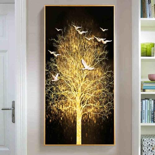 Abstract Gold Tree and White Bird Plant Canvas Painting Modern Posters Prints Wall Art Picture for Living Room Decor Cuadros