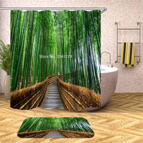 Bamboo Rose Sea Pattern Natural Shower Curtain Waterproof and Mildewproof Washable Bathroom Decoration with Hook Color Printing