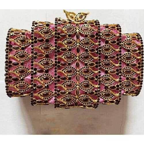 Free Shipping Gold Metal Purple Leaves Crystal Purse Fashion Large Capacity Women Handbag Diamond Rhinestone Evening Party Purse