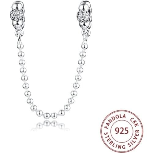Authentic 925 Sterling Silver Beads & Pave Safety Chain Charms Beads for Jewelry Making Fits Original Bracelet kralen