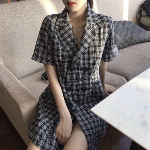 Black Gray Party Sexy Casual Linen Plaid Vintage Korean Midi Summer Light Dress Plus Size Loose Suits Fashion Womens Dresses