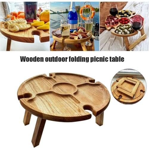 Wooden Outdoor Folding Picnic Table With Glass Holder Round Foldable Desk for Camping A1