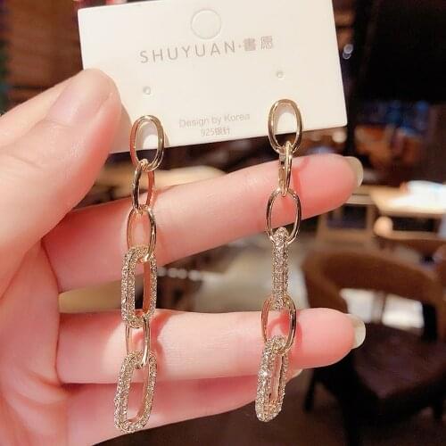 Elegant Rhinestone Metal Chain Long Drop Earrings For Women Gold Color Statement Earring Brincos Femmale Punk Jewelry