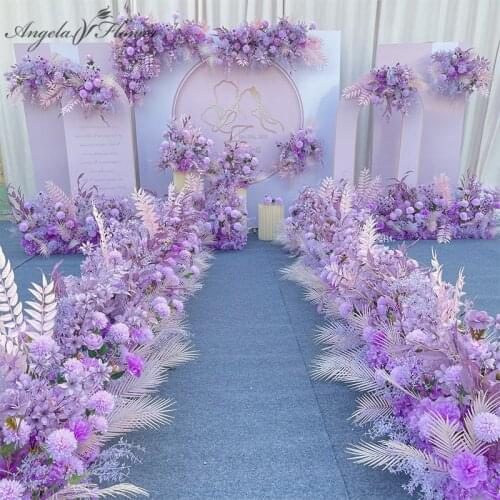 Purple White Artificial Flower Arrangement Wedding Catwalk Road Lead Table Flower Wedding Backdrop Layout Party Flower Wall Deco