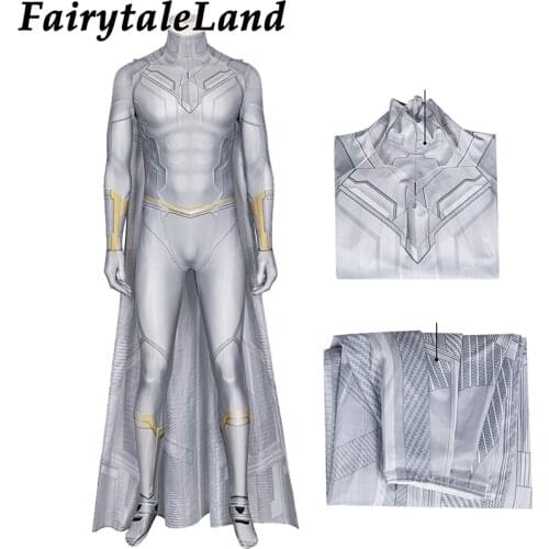 Superhero 3D Printing Jumpsuit Vision Costume Halloween Cosplay Vision Victor Shade White Suit TV Outfit with Cape