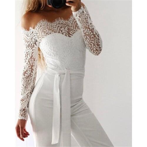 New Elegant Lace Overalls For Women Jumpsuit Lace Sexy Slash Neck Romper Jumpsuits Women Long Sleeve Long Bodysuit White