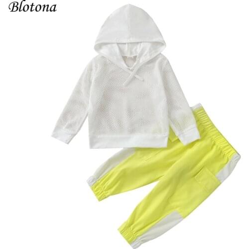 Blotona 2Pcs Little Girls Boys Outfit, Toddlers Long Sleeve Mesh Hooded Tops + Color Matching Long Pants Sports Suit, 18M-6Y
