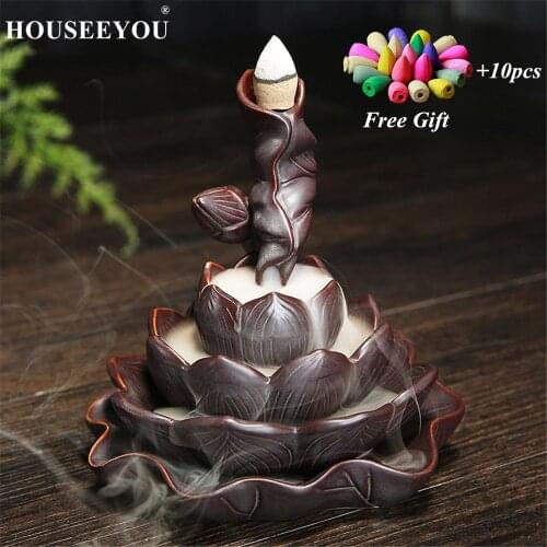 Delicate Lotus Black Waterfall Burner Ceramic Backflow Incense Holder Ceramic Aroma Smoke Censer Meditation Zen Incense Burner