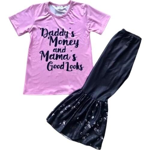 Fashionable spring and summer design childrens wear pink letter short sleeve with black bell bottoms lovely little girl set 20