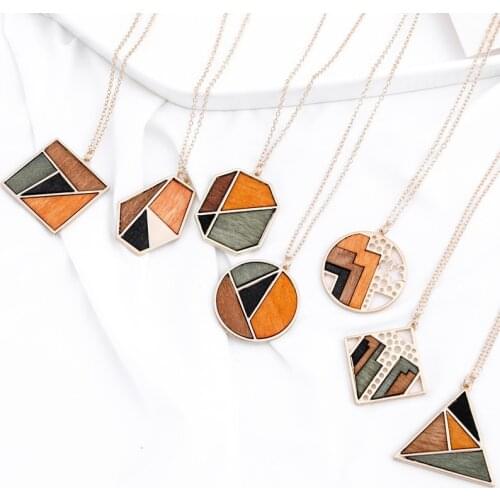Trendy Original Wood Geometric Pendant Necklaces For Women Vintage Statement Triangle Circle Charm Square Necklace Jewelry Gifts