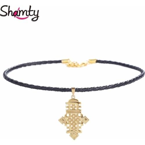 Shamty Coptic Crosses Eritrean Ethiopian Map Choker Necklace Thin Black Leather Rope Necklaces Habesha style Nigeria Sudan Kenya