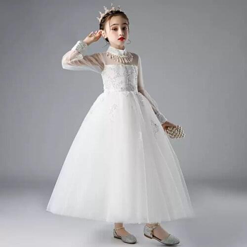 Flower Girl Dresses Illusion High Luxury White Princess Floor-Length Tulle Lace Sequined Pearls Embroidery Kids Party Gown H415