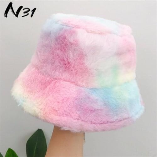 Rainbow Plush Tie Dye Faux Lamb Hair Windproof Fisherman Hat Autumn and Winter Warm Protection Big Brim Basin Hat 56-58cm
