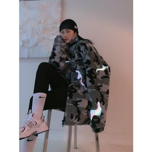 Retro Plush reflective camouflage coat winter oversize relaxed leisure ins mens and womens thickened woolen jackets