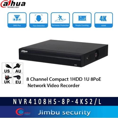 Dahua NVR 4K video recorder 8POE port NVR4108HS-8P-4KS2 Up to 8MP Resolution and 1 SATA III Port, Up to 6 TB capacity each HDD