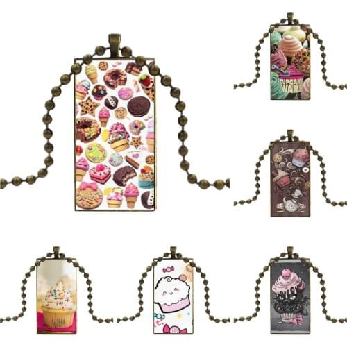 Glass Cabochon Pendant Necklace Rectangle Fashion Necklace For Women Wedding Chocolate Nutella Cupcakes Cherry Ice Cream