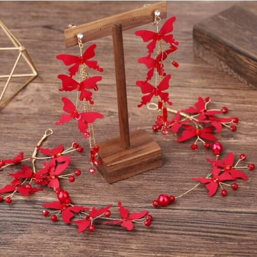1set fashion bridal hair accessories Red butterfly charm tiaras head piece for women wedding hair Earring jewelry gift