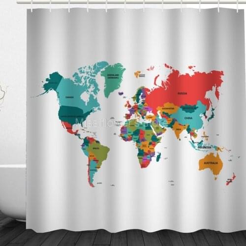 World Map Design Custom Shower Curtain Bathroom Waterproof Mildewproof Polyester Fabric With 12 Hooks