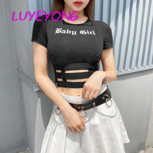 Black Goth Women Hipster Tight T-shirt 2020 Lady Letter Print Short Hollow Out Bandage Sexy Tshirt Punk Gothic Cool Basic Top