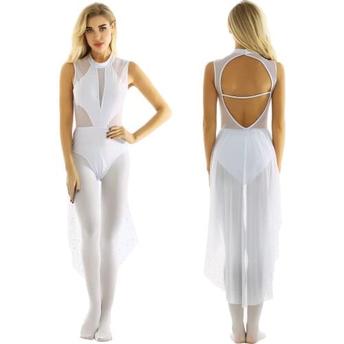 Women Shiny Rhinestones Sleeveless Dancewear Gymnastics Leotard Bodysuit Ballet Dress Performance Lyrical Dance Costumes