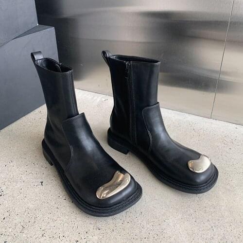 Women Mid-Calf Boots Spring Autumn Punk PU Leather Boots Womens Zipper Round Toe Buckle Motorcycle Boots Platform Shoes Woman