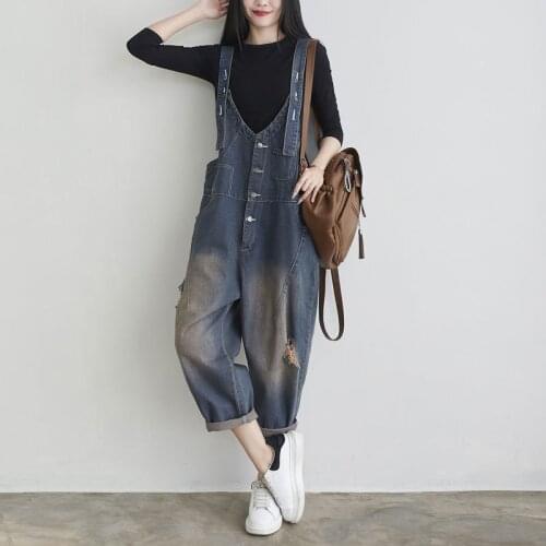 Women Loose Bleached Holes Denim Jumpsuits Ladies Patchwork Ripped Denim Overalls Female Rompes Spring Summer