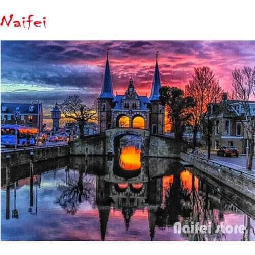 5D DIY Diamond Embroidery Small Town Natural Sunset Scenery Mosaic Rhinestones Full Diamond Painting Cross Stitch Home Decor