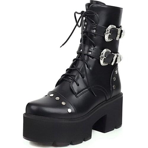 Lace up zipper Platform Boots Women Round Toe Ankle Boots for Women Buckle Strap thick High Heel winter warm Martin Boots 2033