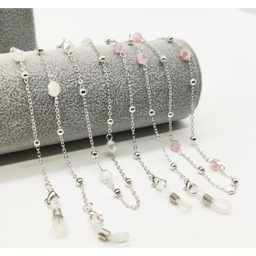Fashion Eyeglasses Chain White Pink Crystal Charm Bead Metal Loops Sunglasses Accessory Women Necklace Gift Mask Lanyard