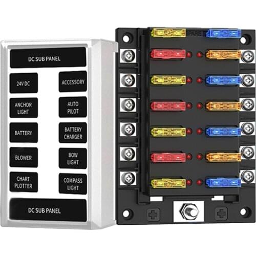 Blade Fuse Box Block Holder with Dual-Use Cover LED Indicator Plastic Cover Fuse Box Holder 12V-32V DC 12/6-Way