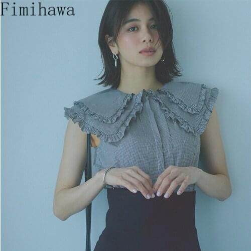 Fimihawa Plaid Women Blouse Japan Style Peter Pan Collar Sleeveless Office Lady Shirts Tops Elegant Lace Up Slim Waist Blusas