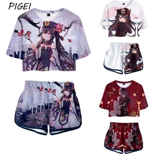 Game Genshin Impact Cosplay T-shirt Shorts Two Pieces 3D Print Hu Tao T-shirt Summer Girls Casual Short Sleeve Women Tracksuits