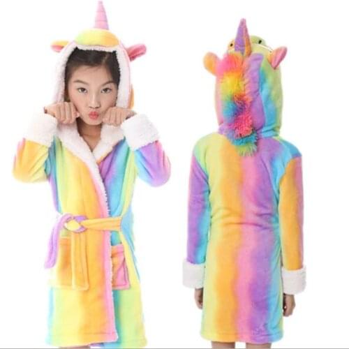 Autumn Winter Kids Flannel Unicorn Hooded Bathrobe Childrens Long Sleeve Bath Robe Animal Sleepwear Girls Boy Robes Pajama