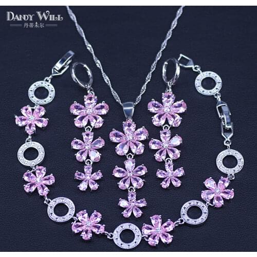 Exquisite Flower Red Pink Stone silver color Jewelry Sets For Women Wedding Earrings Bracelet Pendant Necklace Free Gift Box