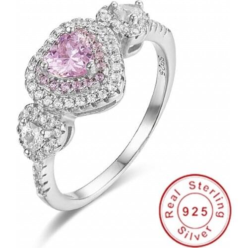 Fashion solid 100% 925 Sterling Silver ring Luxury Pink Heart Diamond Wedding Rings for Women Jewelry Cute girl gift