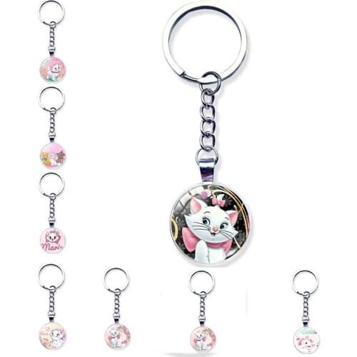 Fashion Cute Mary Cat Design Heart Keychain Cartoon Kitten Style Glass Dome Keychain Gift Key Ring Gift For Woman