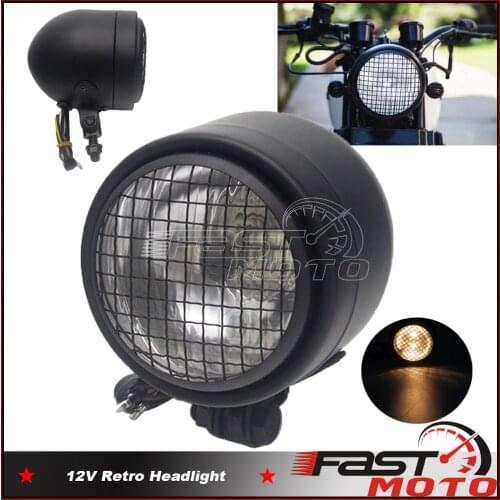 For Chopper Cafe Racer Retro Headlamp Motorcycle Headlight Front Head Lamp Lighting Mesh Grill High/Low Beam Black Vintage LED