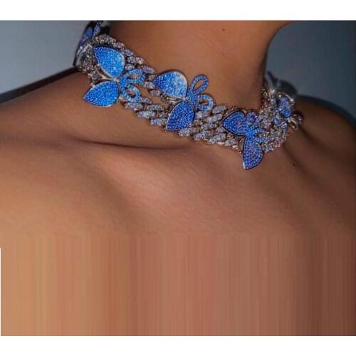 2020 new arrived big heavy women cuban chain iced out bling 5A 12mm cz cuban blue butterfly necklace
