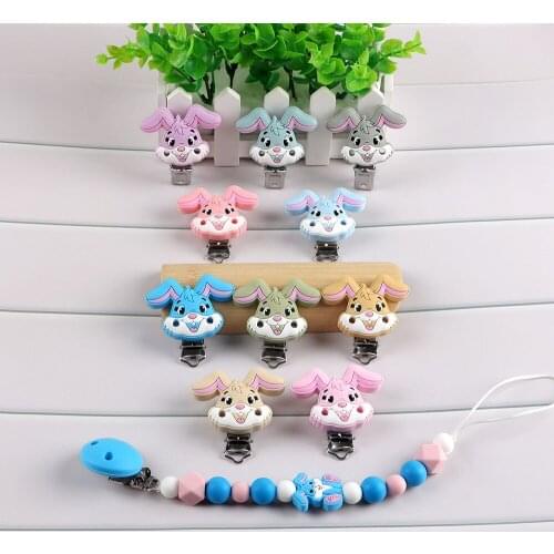 Kovic 3Pcs New Animal Rabbit Teether Nipple Clip Edible Silicone Stainless Steel Beads DIY Baby Toy Chain Accessories
