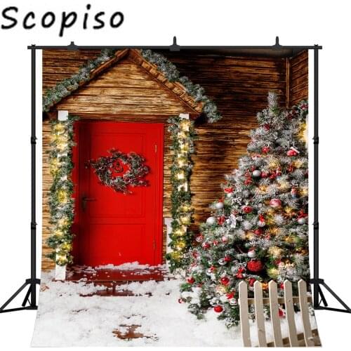 Scopiso Christmas House Photography Backdrop Winter tree Snow red wood door Decoration Portrait Photo Studio Props Backdrops