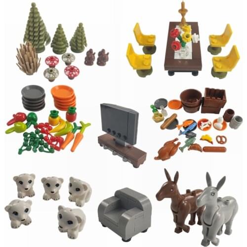 City MOC Series Toys Dinning table Animals Foods Sets Soft DIY Parts Models for Children Accessories TV Toys Compatible Blocks