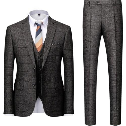 TIAN QIONG Brand Gray Plaid Men Wedding Suits 2020 Slim Fit Costume Homme Mariage Three Pieces Business Formal Dress Suit Men