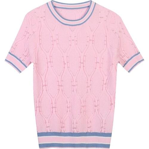 Korean Pearl Beaded Knitted Pullover O-Neck Short-Sleeved Solid Color Sweater Top with Snake Pattern 2021 Summer New