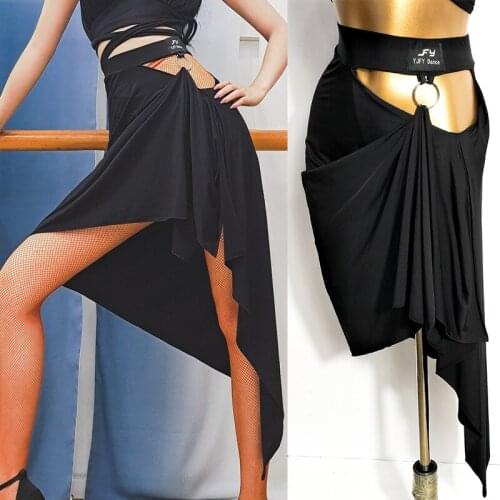 2020 New Latin Dance Skirt Adult Black Skirts Women Hollow Waist Irregular Hem Practice Clothes Flamengo Samba Tango Skirt 2170