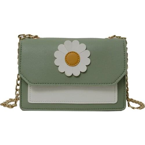 Womens Small Crossbody Bags Sweet Daisy Pattern Patchwork PU Leather Chain Shoulder Bag Flap Handbag for Young Ladies