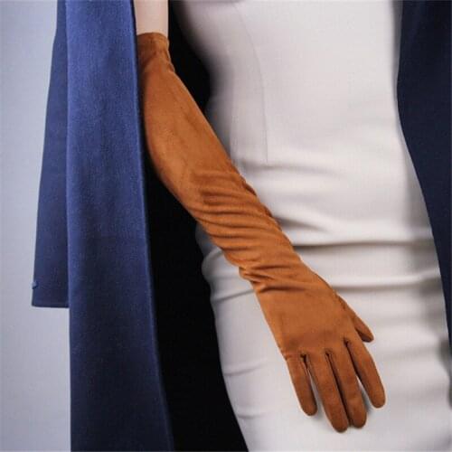 Woman Gloves 50cm long Suede Leather Gloves Fashion Brown Imitation Genuine Leather Unlined Evening Vestido Female Mittens TB89