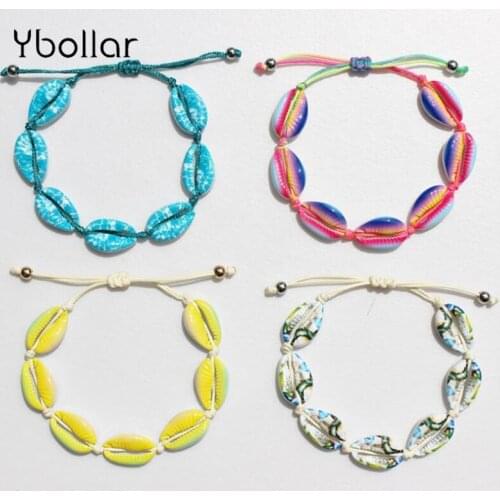 Handmade Colorful Alloy Shell Bracelet Rope String Braided Women Beaded Strand Bracelet Bangles Summer Beach Jewelry