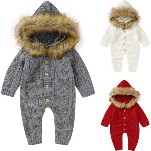 Winter Toddler Baby Girl Boys Long Sleeve Hooded Knitting Romper Baby Warm Clothes Newborn Baby Boys Girls Knitting Jumpsuit