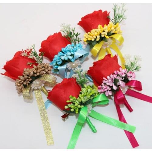 10 Pcs\lot Red Guest Boutonniere Pins Handmade DIY Silk Rose Artificial Corsage Flowers Wedding Bouquet For Clothes Decoration