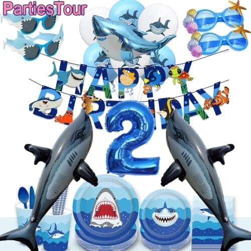 15X Shark Balloons Animal Party Baby Birthday Shark Ocean Theme Ballon Kids Birthday Favors Decor 32'' Dark blue Number Ballons